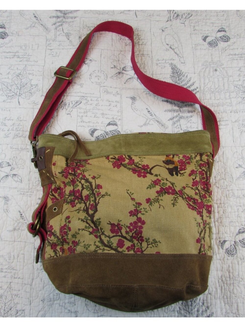 RARE Y2k Lucky Brand Cherry Blossoms Floral Canvas Suede slouchy Bucket bag XL